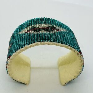 Hand Beaded Cuff Bracelet Native American Style Red Green Chrystal Beads